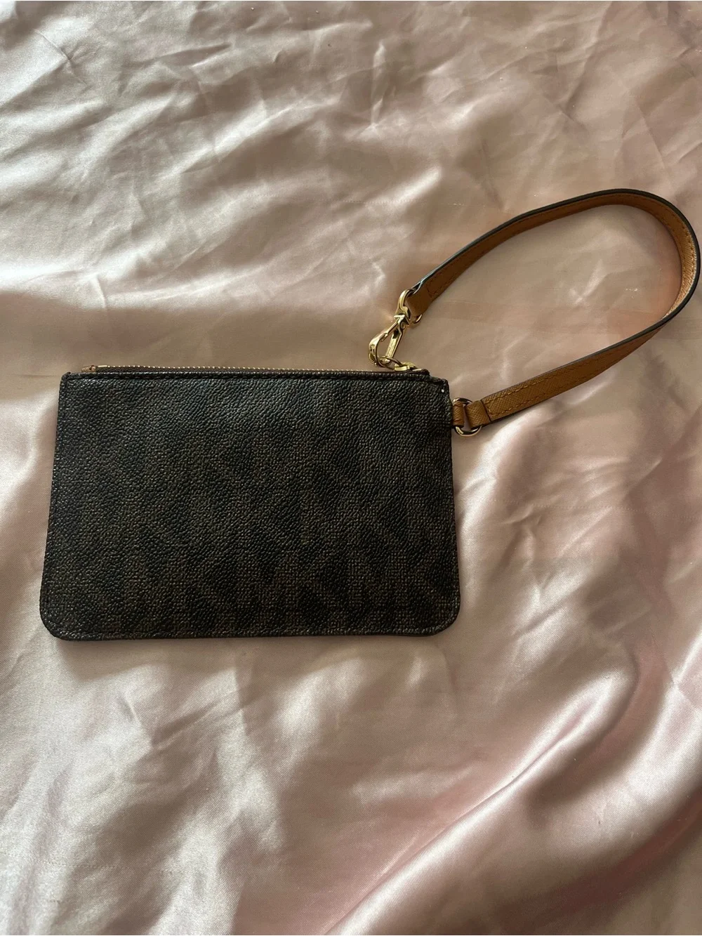 Michael Kors Brown Leather Wristlet Card Case with Gold Logo